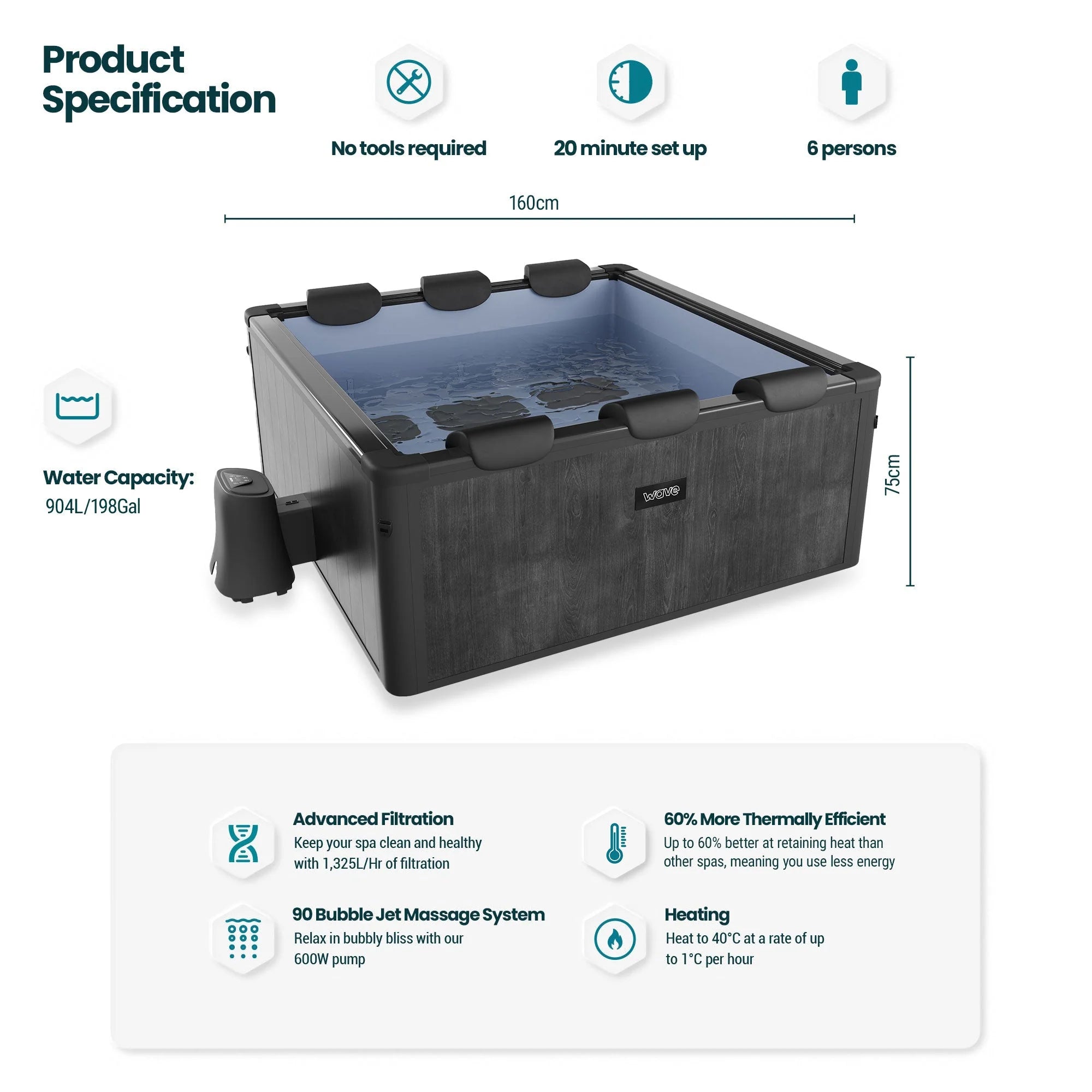 Adriatic | 6 Person Square Aluminium Frame Hot Tub | Black Wood