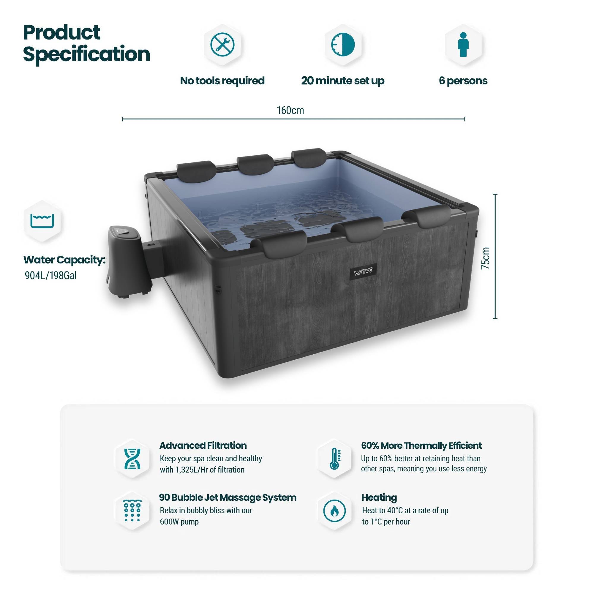 Adriatic | 6 Person Square Aluminium Frame Hot Tub | Black Wood Frame Spa Wave Spas USA