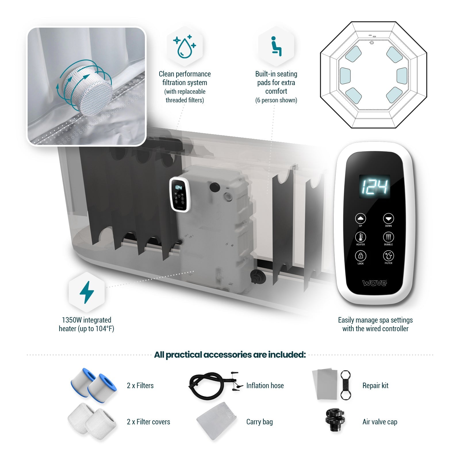 Aegean | 6-Person Inflatable Hot Tub | Built-In Integrated Heater Inflatable Spa Wave Spas