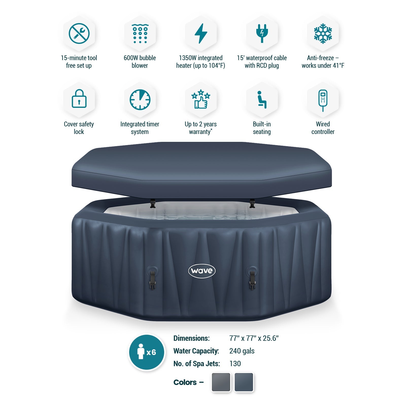 Aegean | 6-Person Inflatable Hot Tub | Built-In Integrated Heater Inflatable Spa Wave Spas