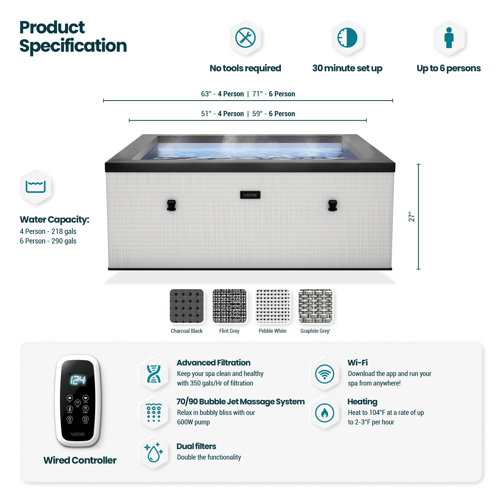 Garda | 4/6-Person Eco Foam Hot Tub | Built-In Integrated Heater Eco Foam Spas Wave Spas