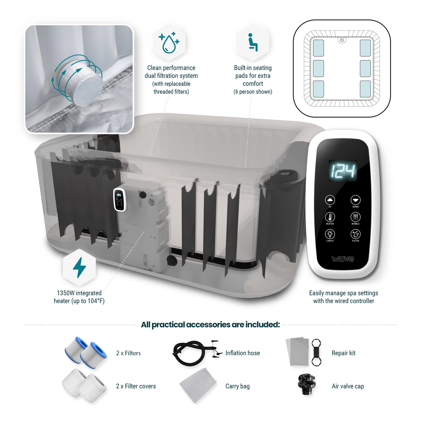 Pacific | 4/6-Person Inflatable Hot Tub | Built-In Integrated Heater Inflatable Spa Wave Spas