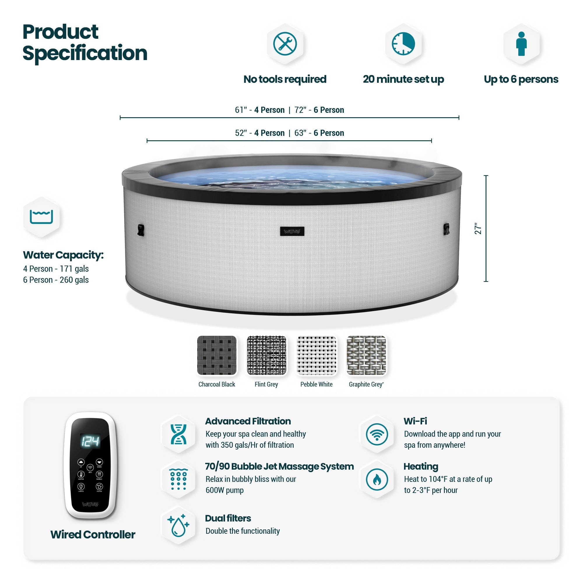 Tahoe | 4/6-Person Eco Foam Hot Tub | Built-In Integrated Heater Eco Foam Spas Wave Spas