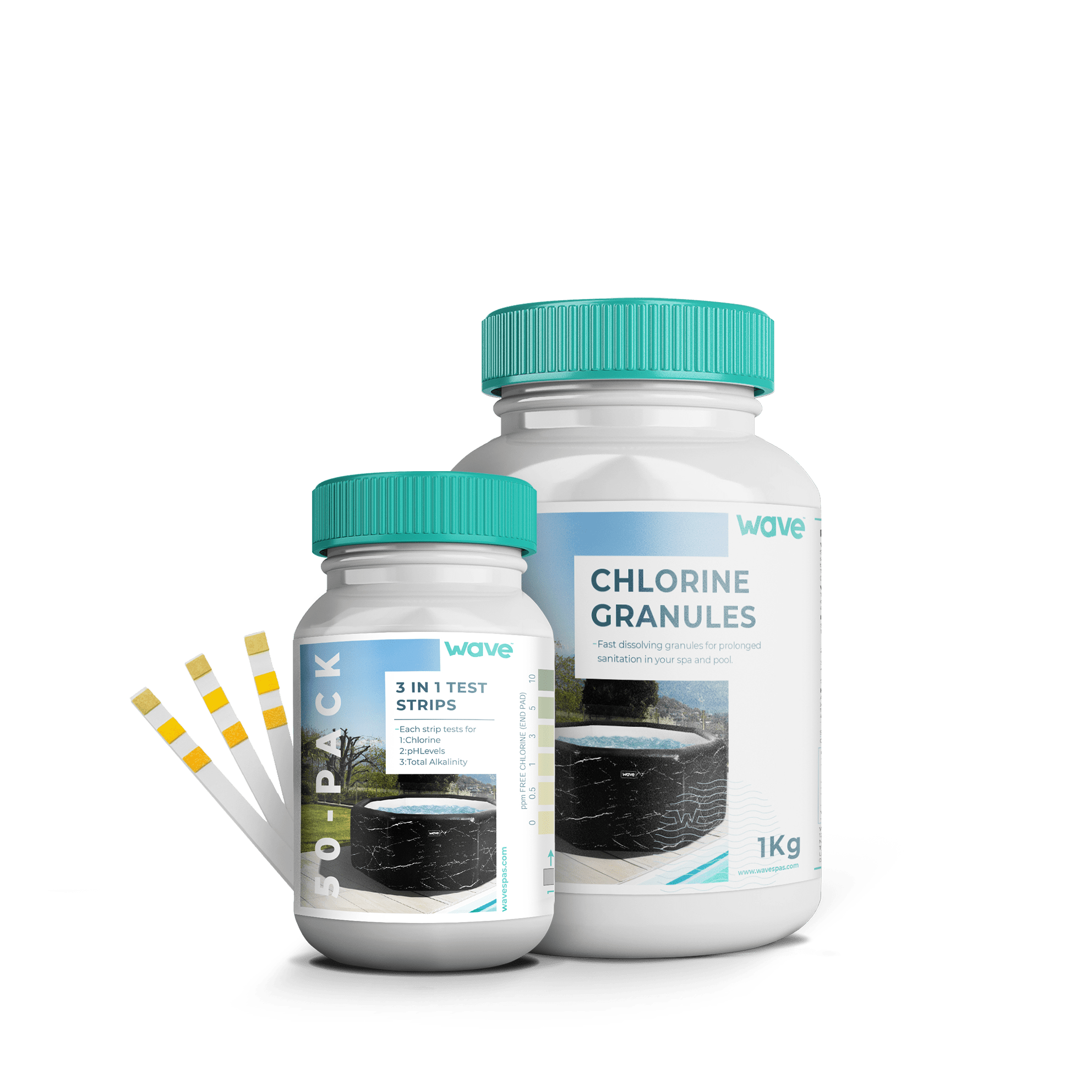 Chlorine Granules 1KG + 50 Water Test Strips Spa Chemicals Wave Spas