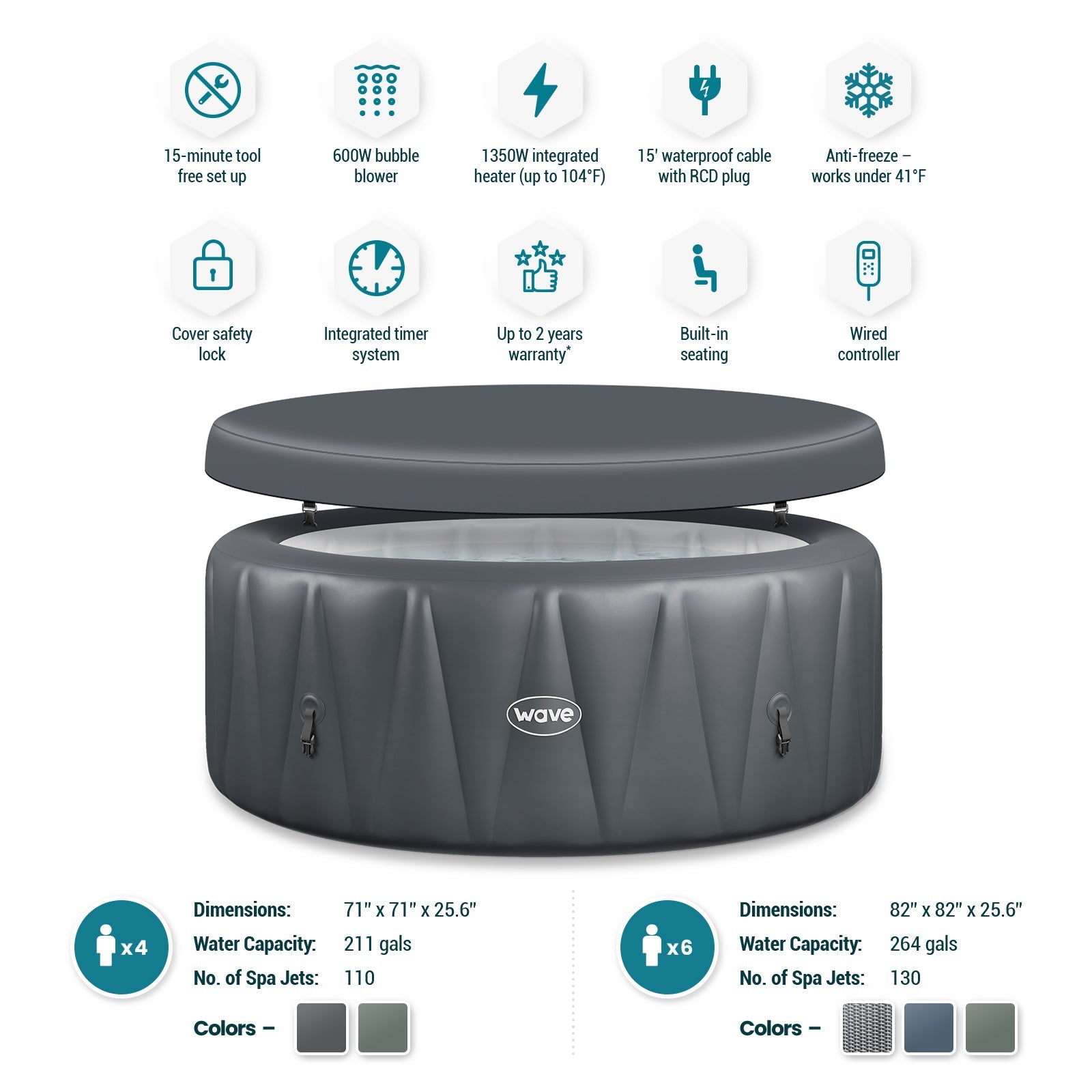 Atlantic | 4-Person Inflatable Hot Tub | Built-In Integrated Heater | Dark Gray Inflatable Spa Wave Spas