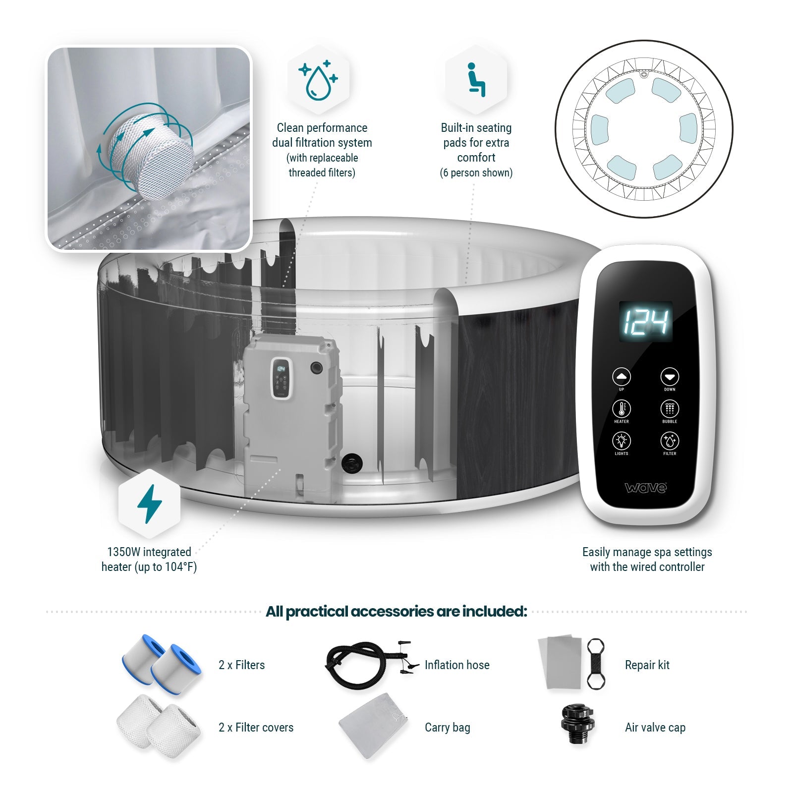 Atlantic | 4/6-Person Inflatable Hot Tub | Built-In Integrated Heater Inflatable Spa Wave Spas