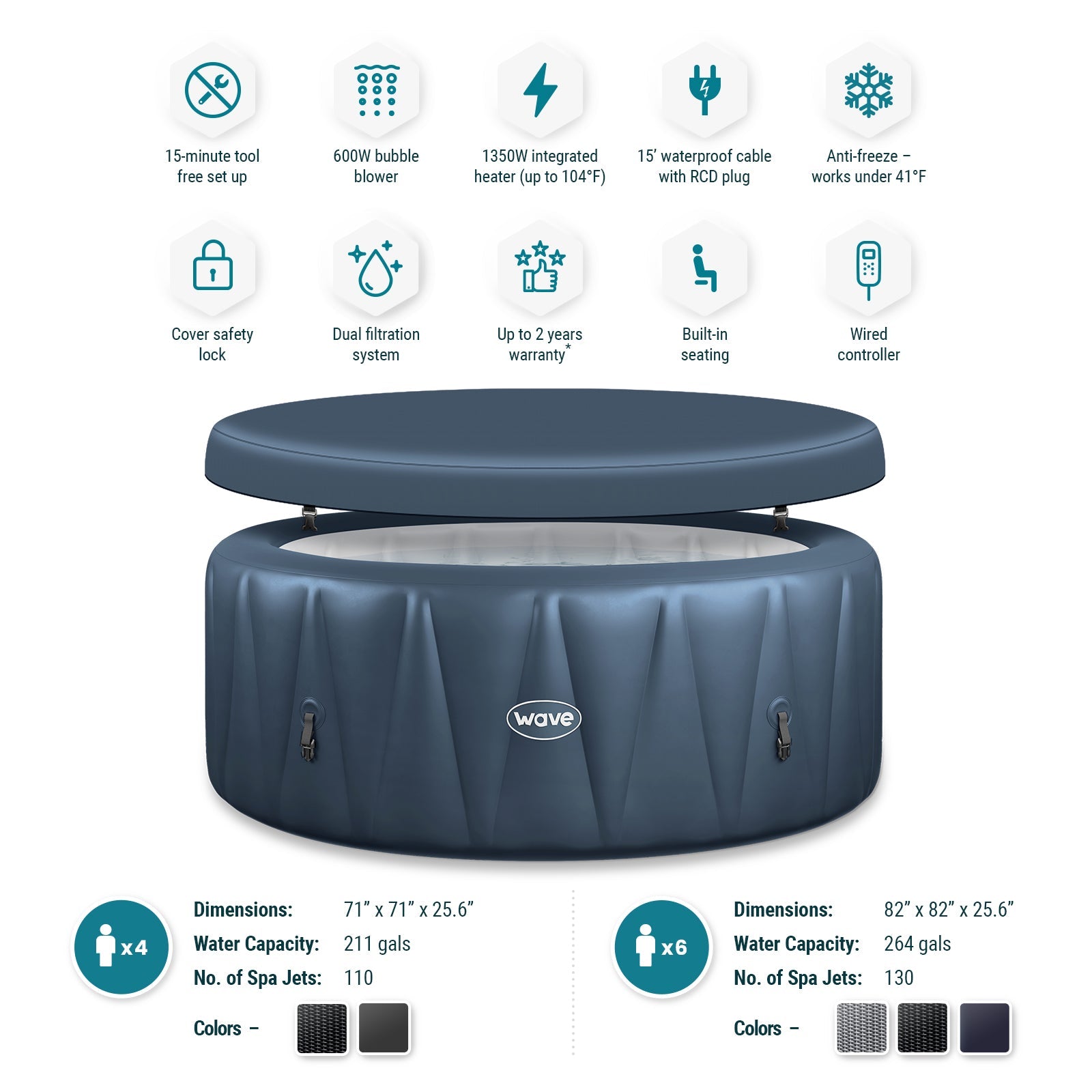 Atlantic | 4/6-Person Inflatable Hot Tub | Built-In Integrated Heater Inflatable Spa Wave Spas