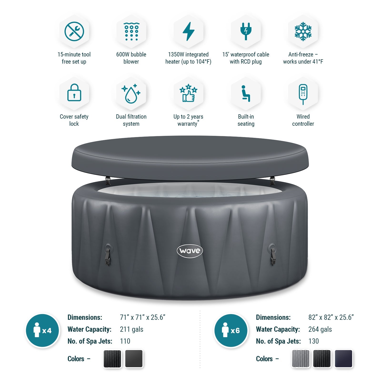 Atlantic | 4/6-Person Inflatable Hot Tub | Built-In Integrated Heater Inflatable Spa Wave Spas