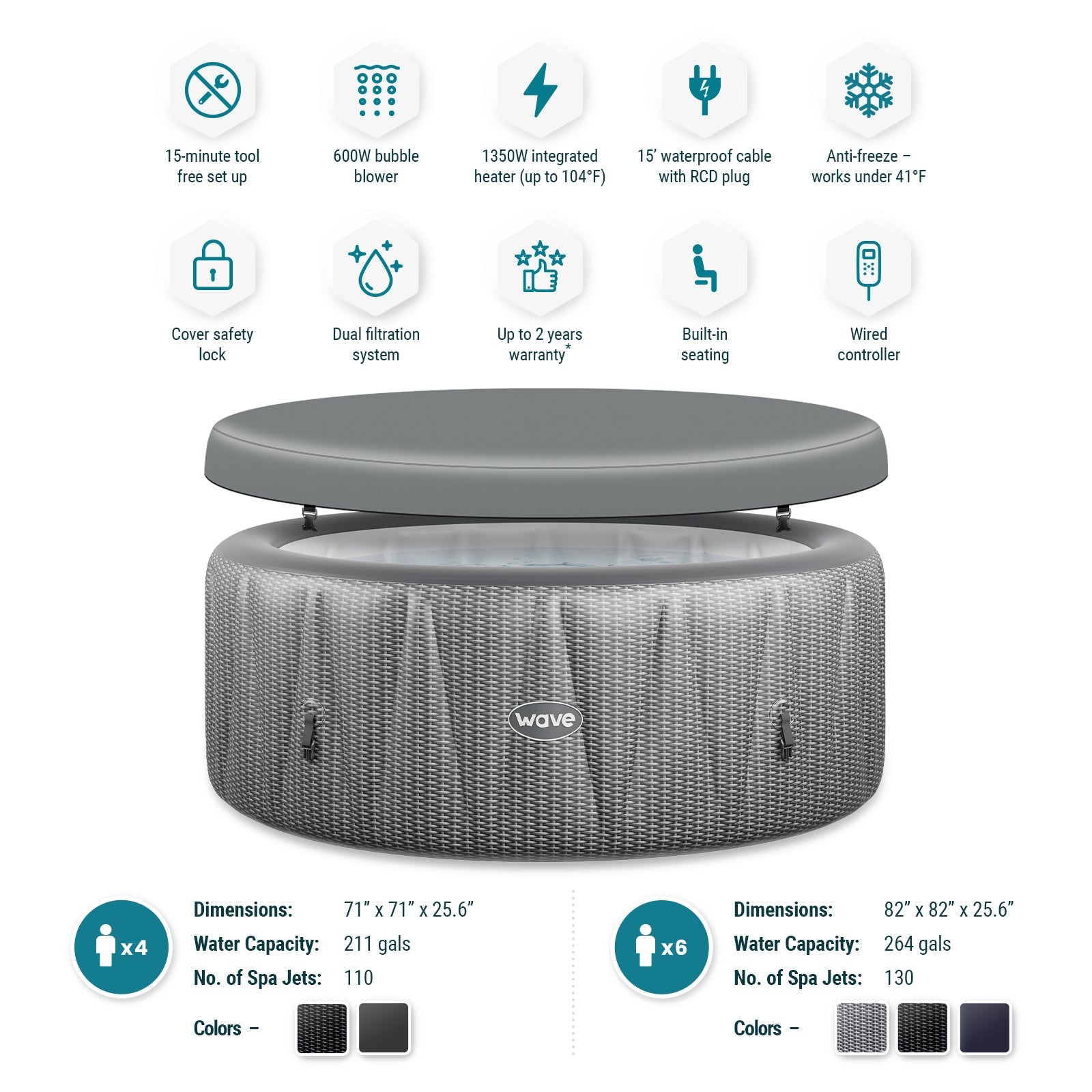 Atlantic | 4/6-Person Inflatable Hot Tub | Built-In Integrated Heater Inflatable Spa Wave Spas