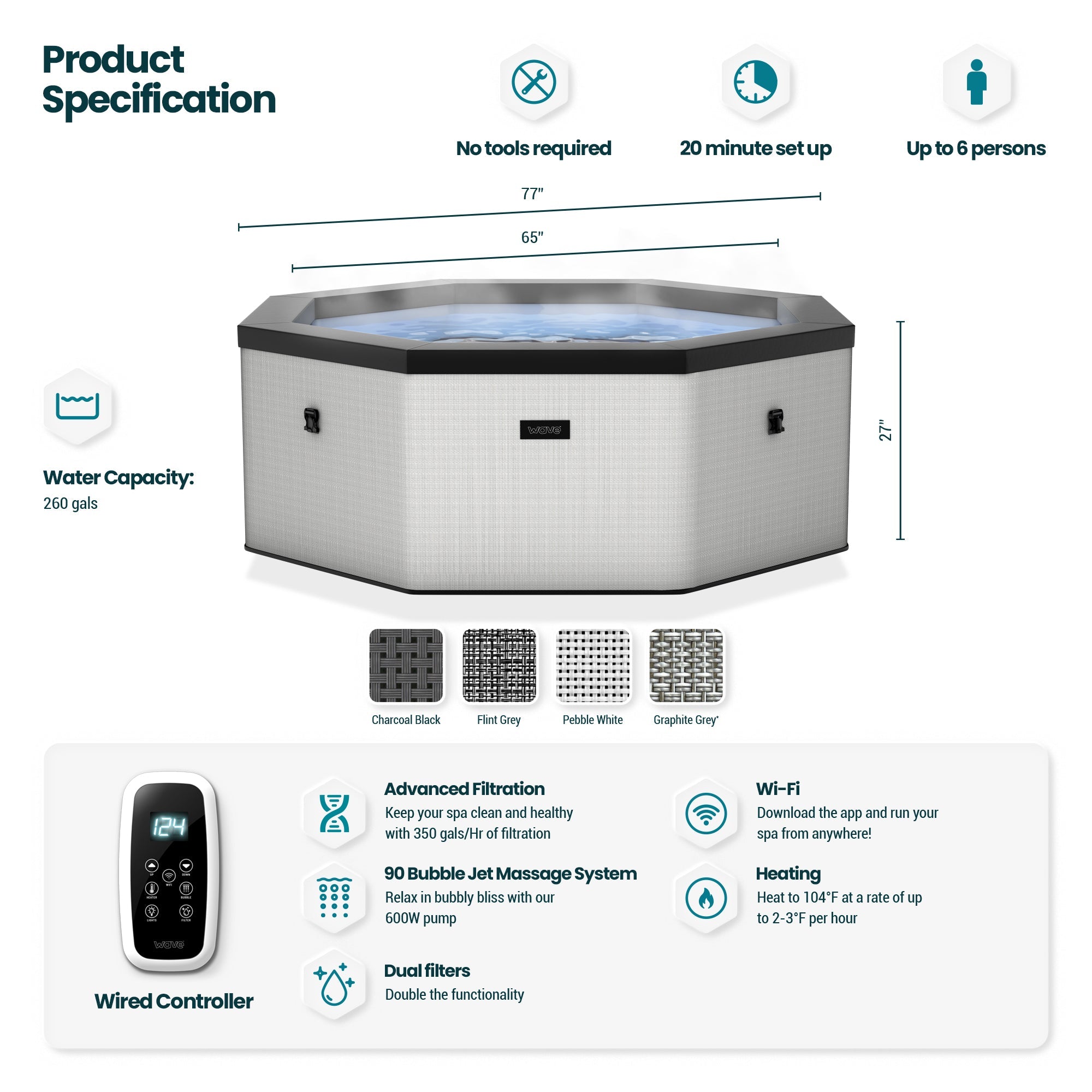 Como | 6-Person Eco Foam Hot Tub | Built-In Integrated Heater | Flint Gray - Eco Foam Spas - Wave Spas USA