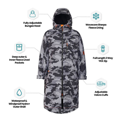 Fleece-Lined Hot Tub Changing Robe | Waterproof & Windproof | Unisex | Gray Camouflage Robes Wave Spas USA