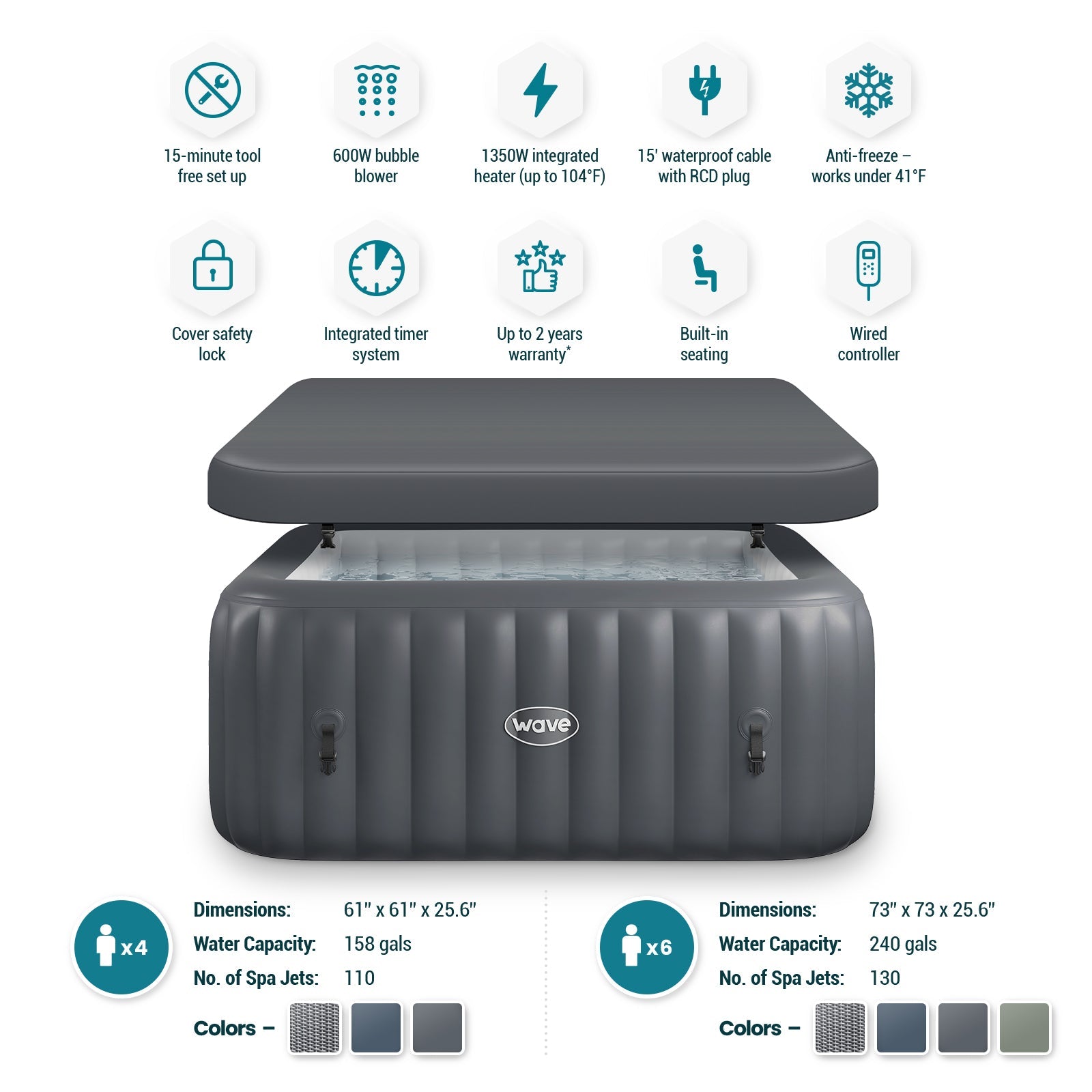 Pacific | 4/6-Person Inflatable Hot Tub | Built-In Integrated Heater | Dark Gray Inflatable Spa Wave Spas