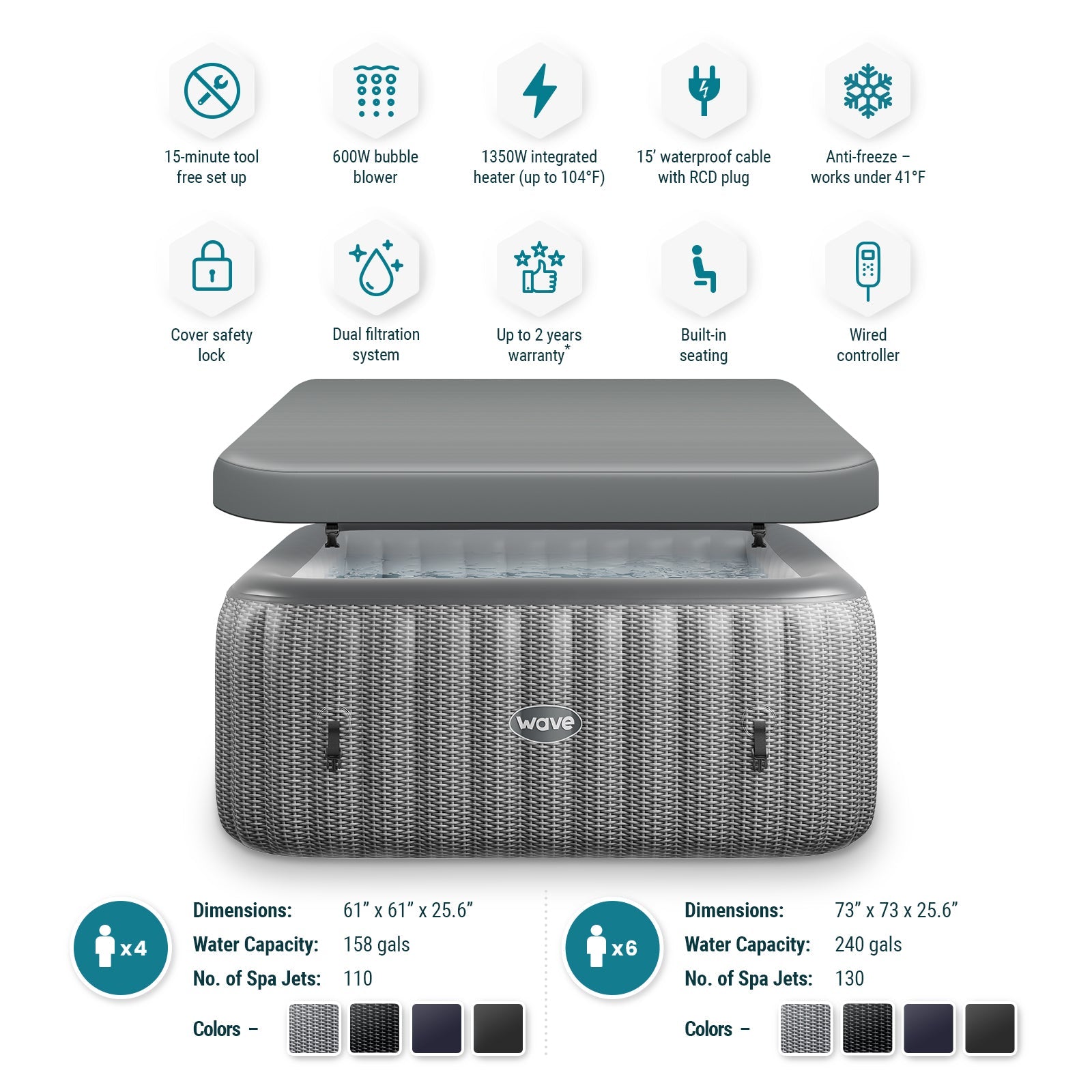 Pacific | 4/6 - Person Inflatable Hot Tub | Built - In Integrated Heater - Inflatable Spa - Wave Spas USA