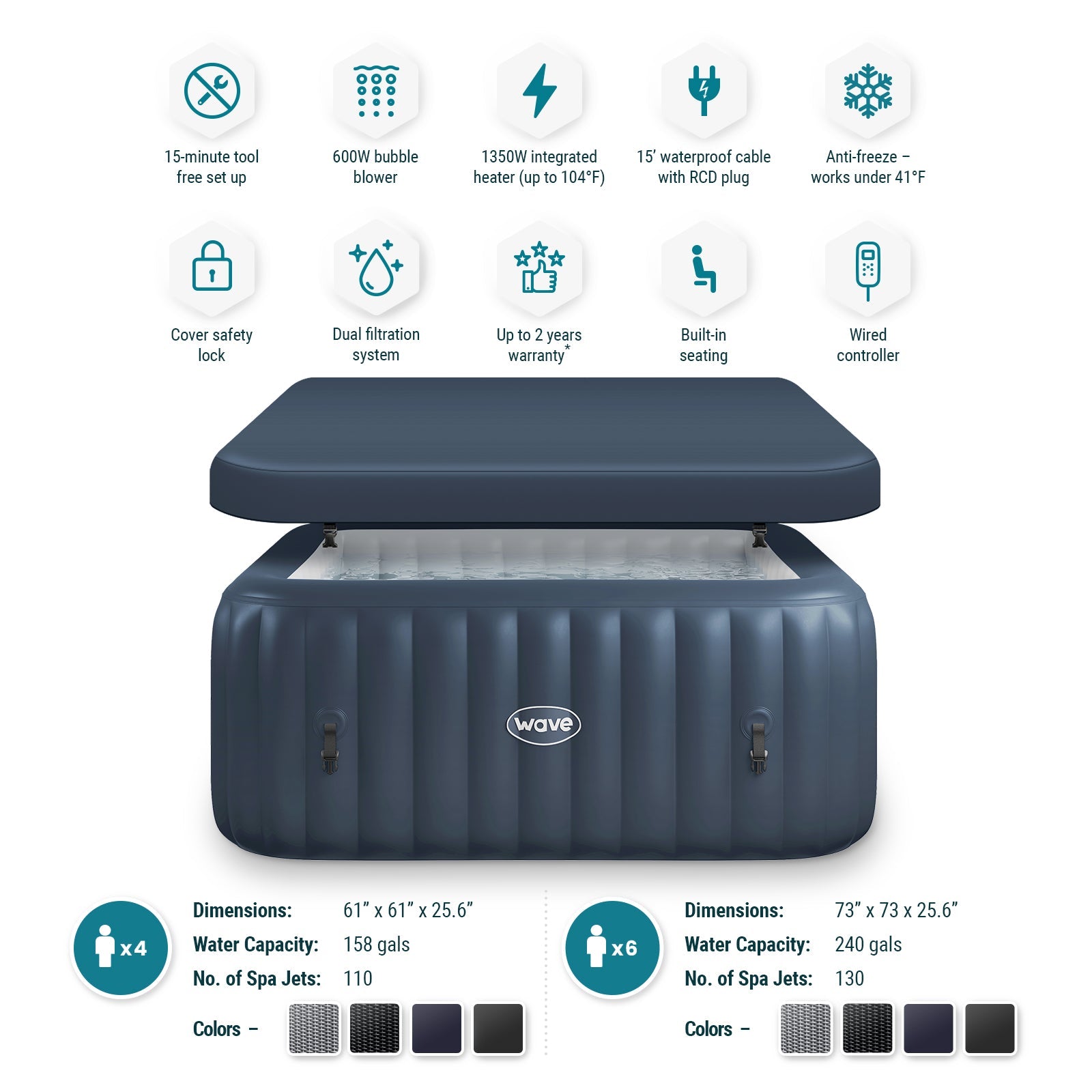 Pacific | 4/6 - Person Inflatable Hot Tub | Built - In Integrated Heater - Inflatable Spa - Wave Spas USA