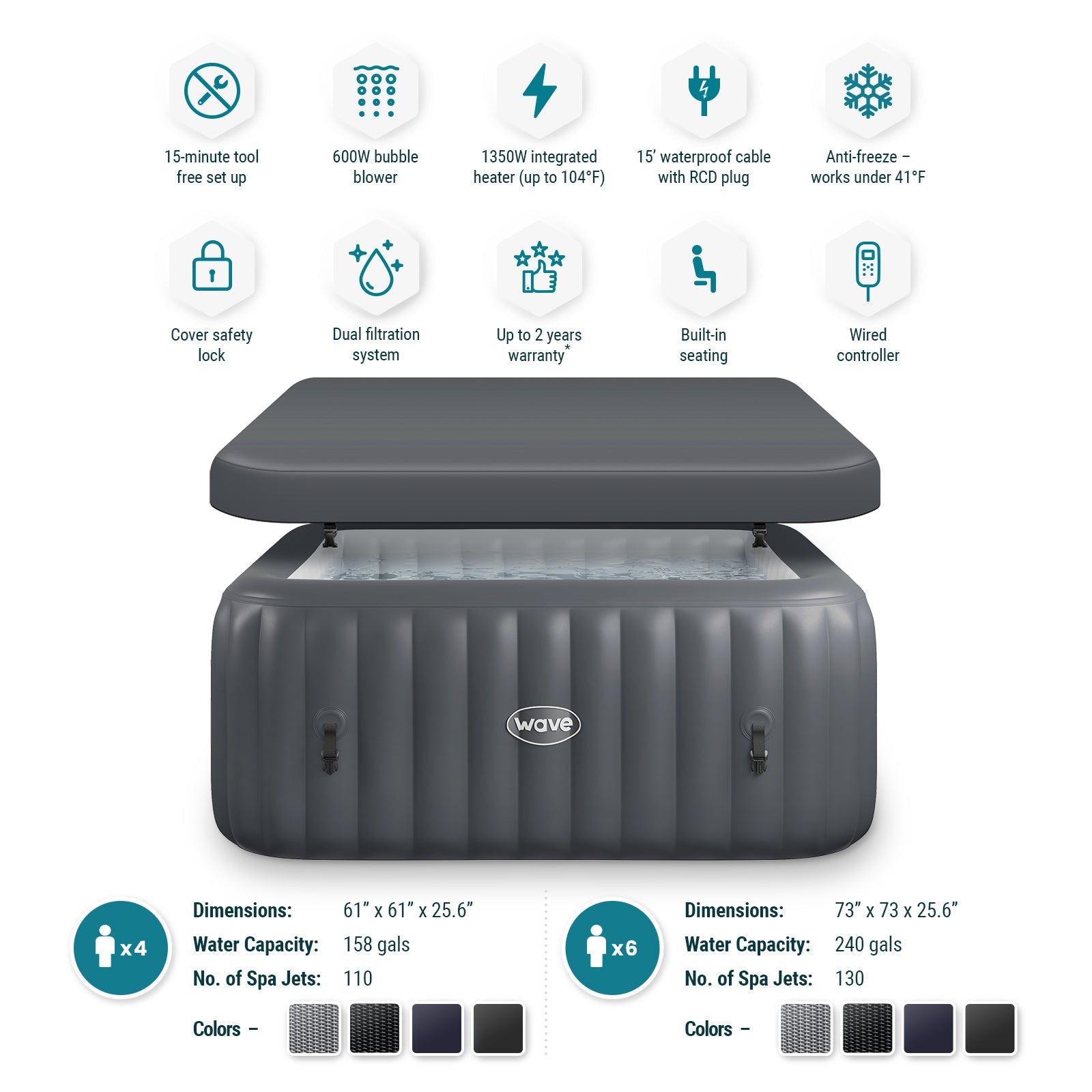 Pacific | 4/6 - Person Inflatable Hot Tub | Built - In Integrated Heater - Inflatable Spa - Wave Spas USA